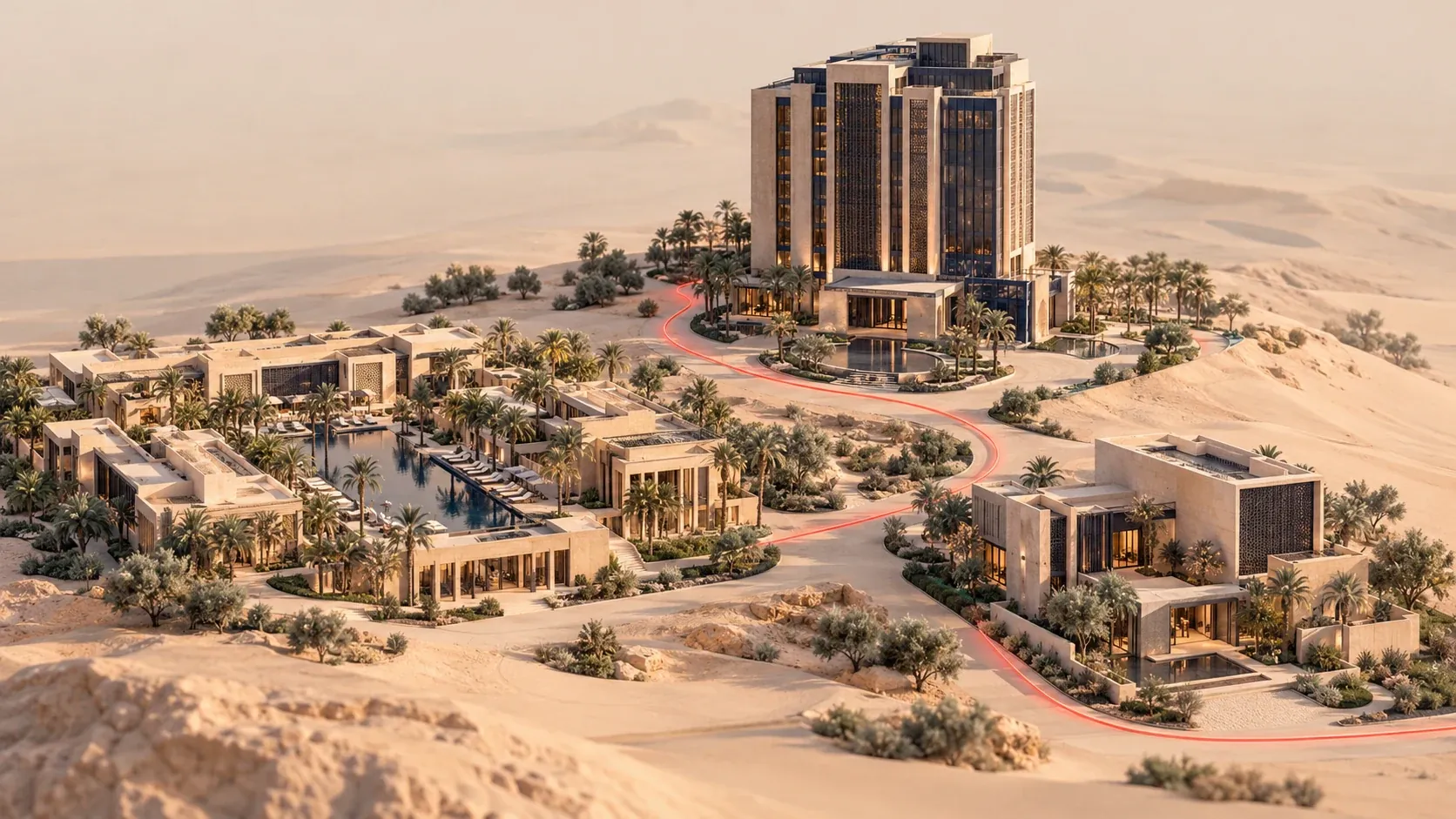 Illustrative architectural scene of three Saudi hotel properties linked by one coral thread.