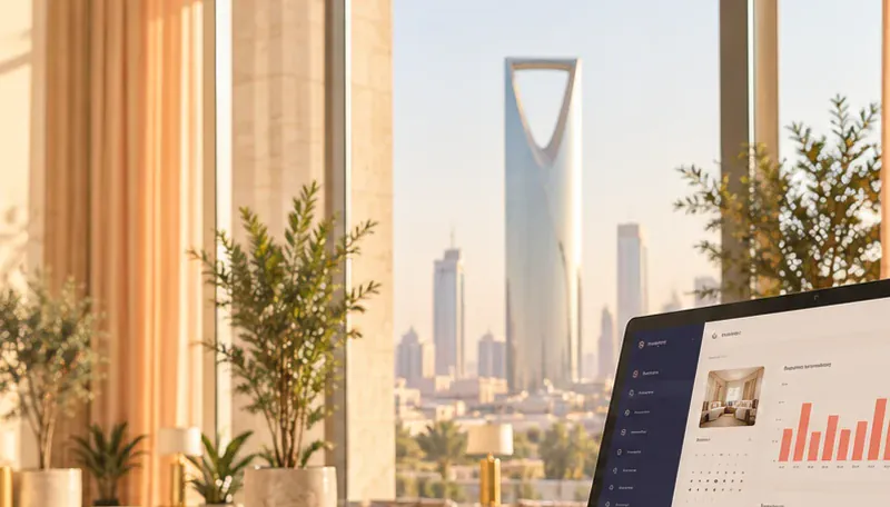 A sunlit hotel lobby in Riyadh with a Fandaqah dashboard on the front desk