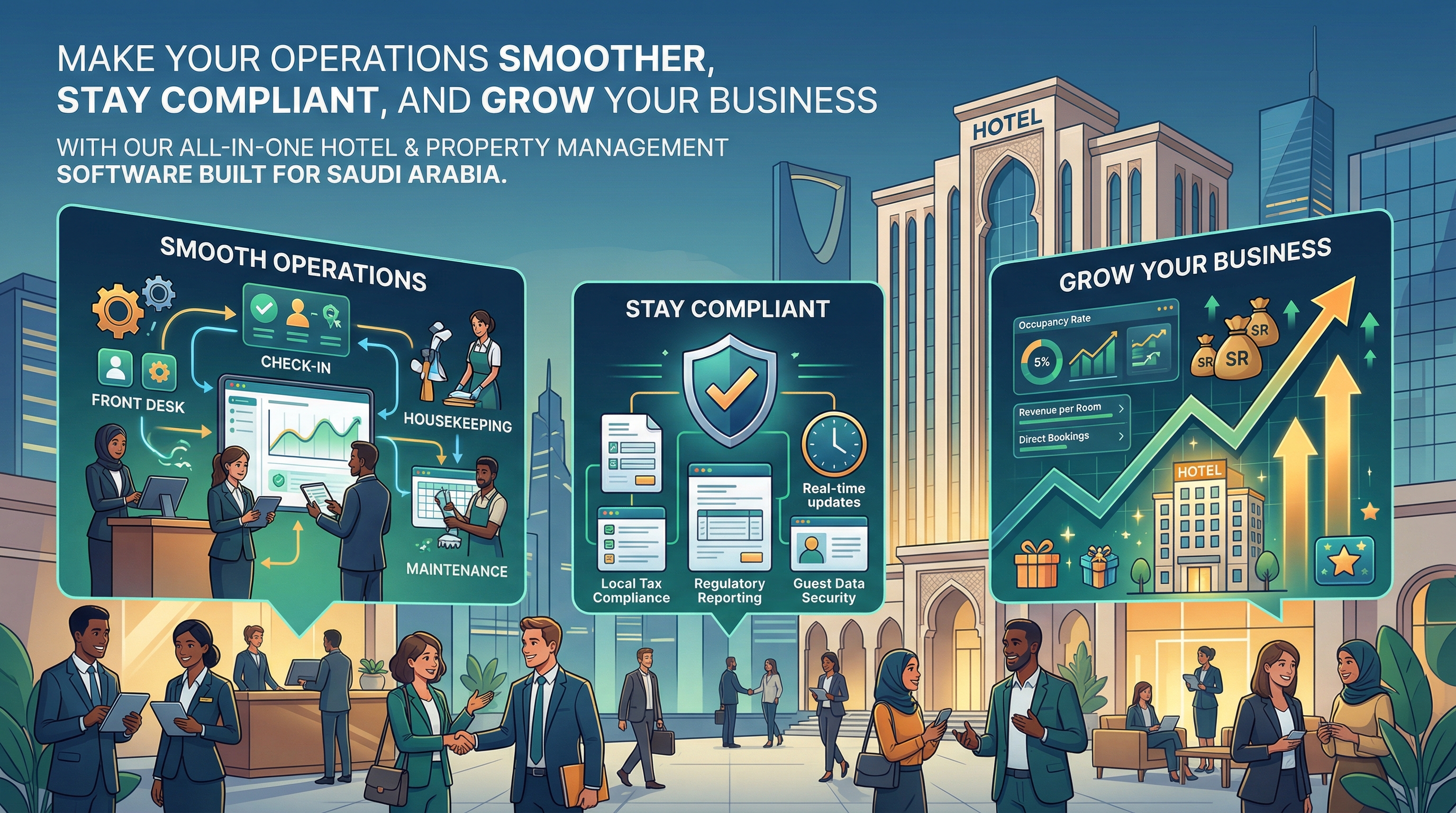 Make your operations smoother, stay compliant, and grow your business with our all-in-one hotel and property management software built for Saudi Arabia