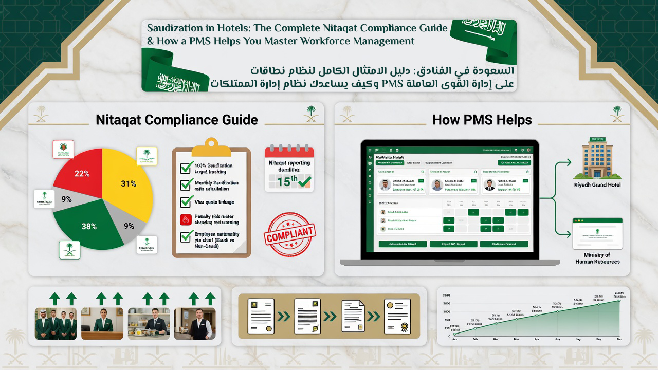 Saudization in Hotels: The Complete Nitaqat Compliance Guide & How a PMS Helps You Master Workforce Management